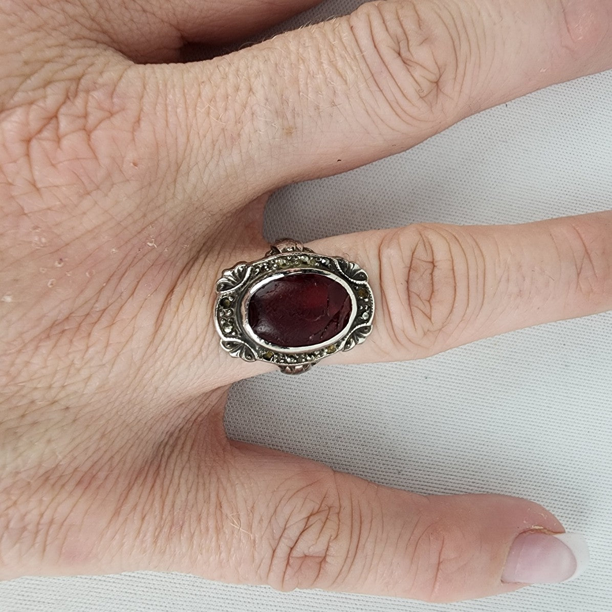Sterling Silver Red Oval Stone Ring