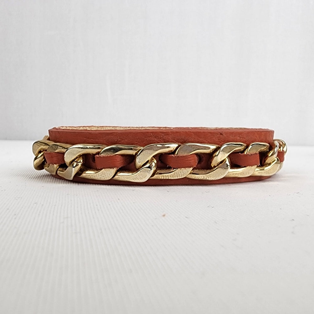 Guang Tong Gold Chain Brown Leather Snap Bracelet