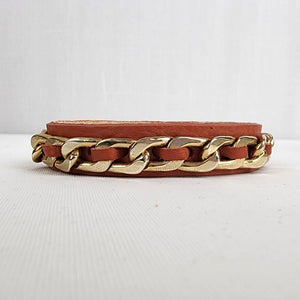 Guang Tong Gold Chain Brown Leather Snap Bracelet