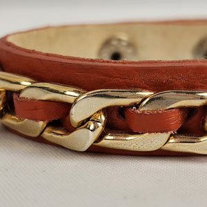 Guang Tong Gold Chain Brown Leather Snap Bracelet