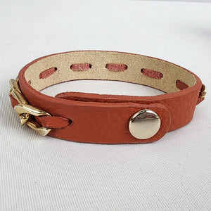 Guang Tong Gold Chain Brown Leather Snap Bracelet