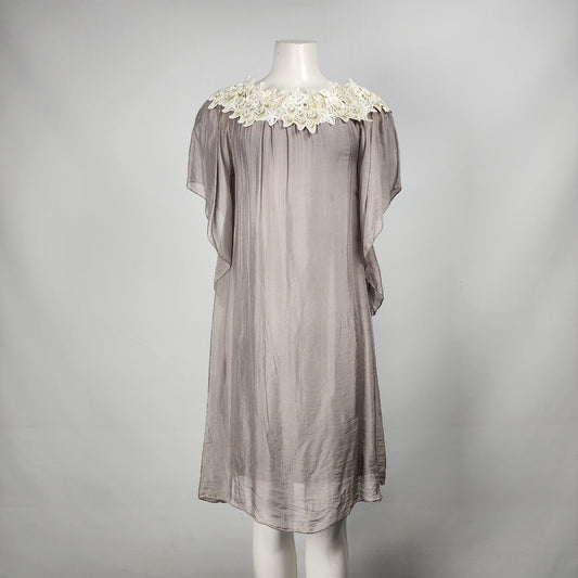 Pure Venice Grey Silk White Floral Lace Neckline Dress Size M