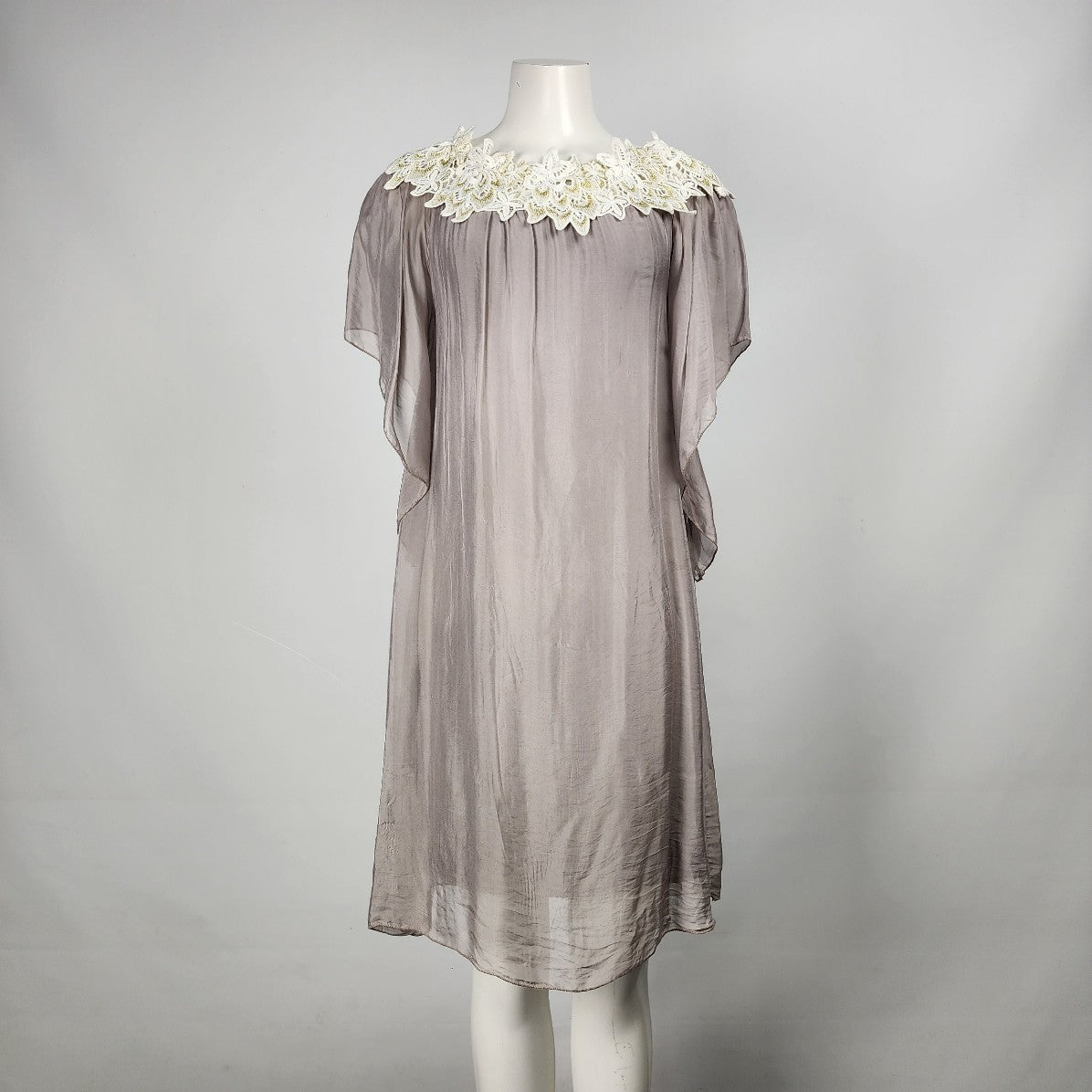 Pure Venice Grey Silk White Floral Lace Neckline Dress Size M