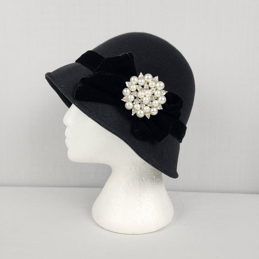 Indigo Soul Black Cloche Faux Pearl Rhinestone Velvet Bow Detail Hat