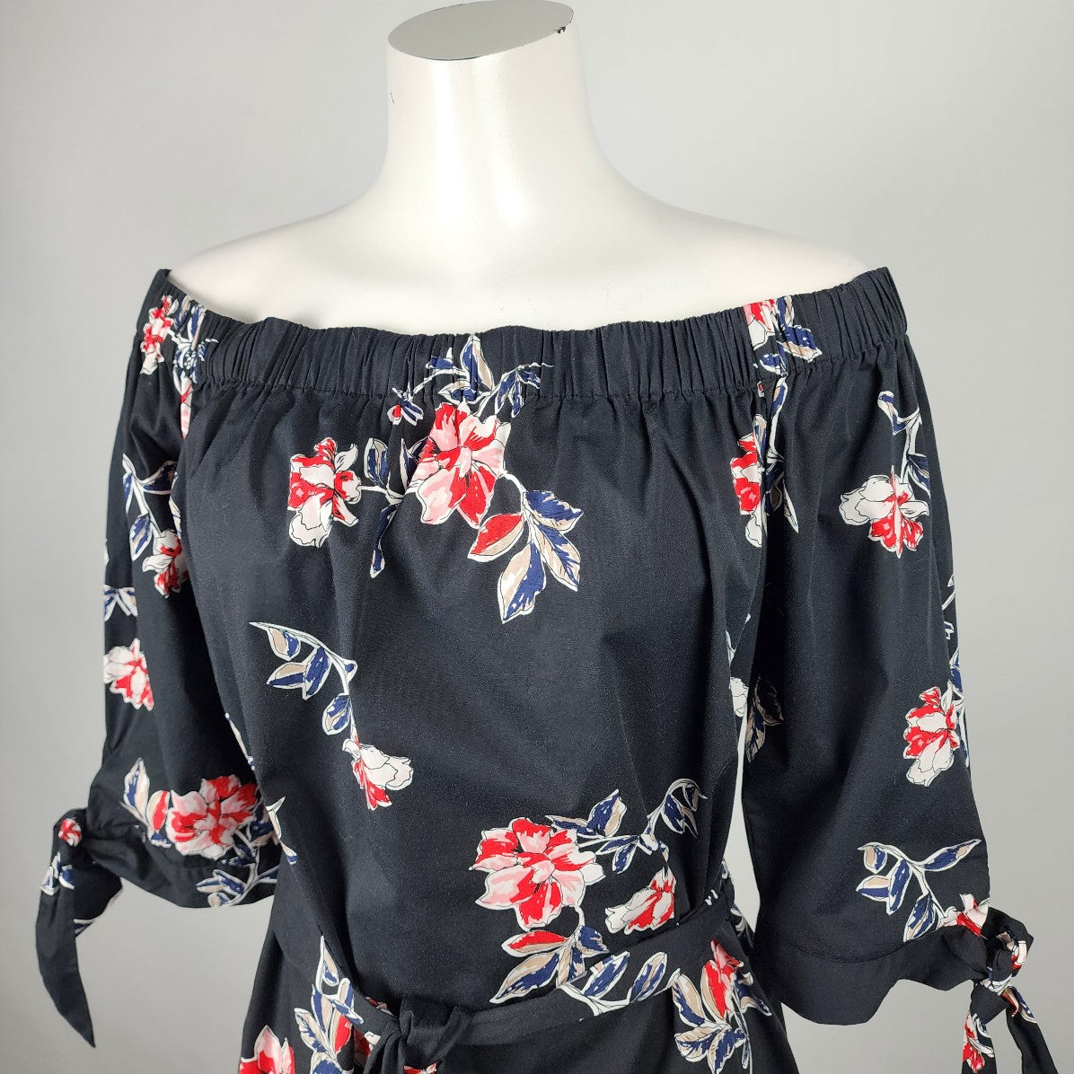 Le Chateau Black Cotton Blend Floral Print Off The Shoulder Dress Size L