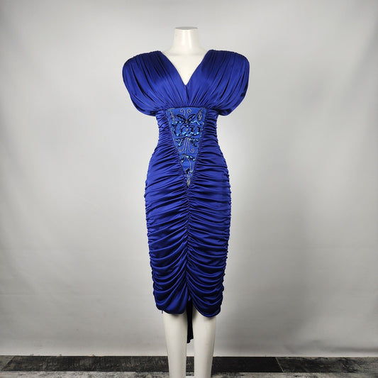 Vintage 80s Royal Blue Ruched Beaded Sequined Party Dress Size S