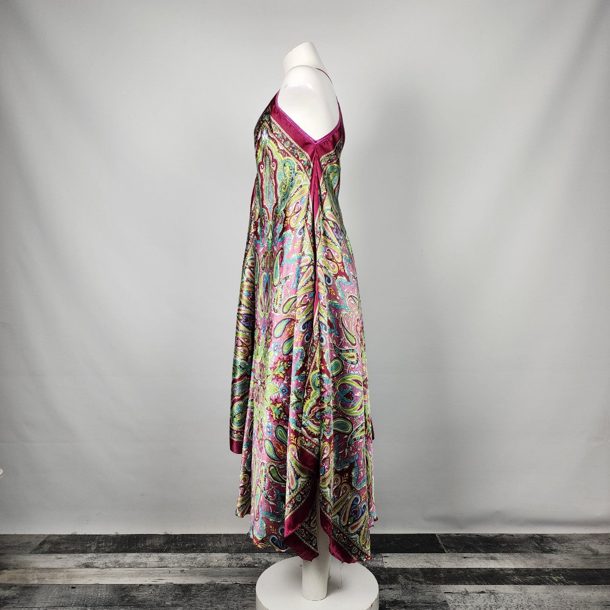 Creations Pink & Yellow Paisley Handkerchief Satin Dress Size S