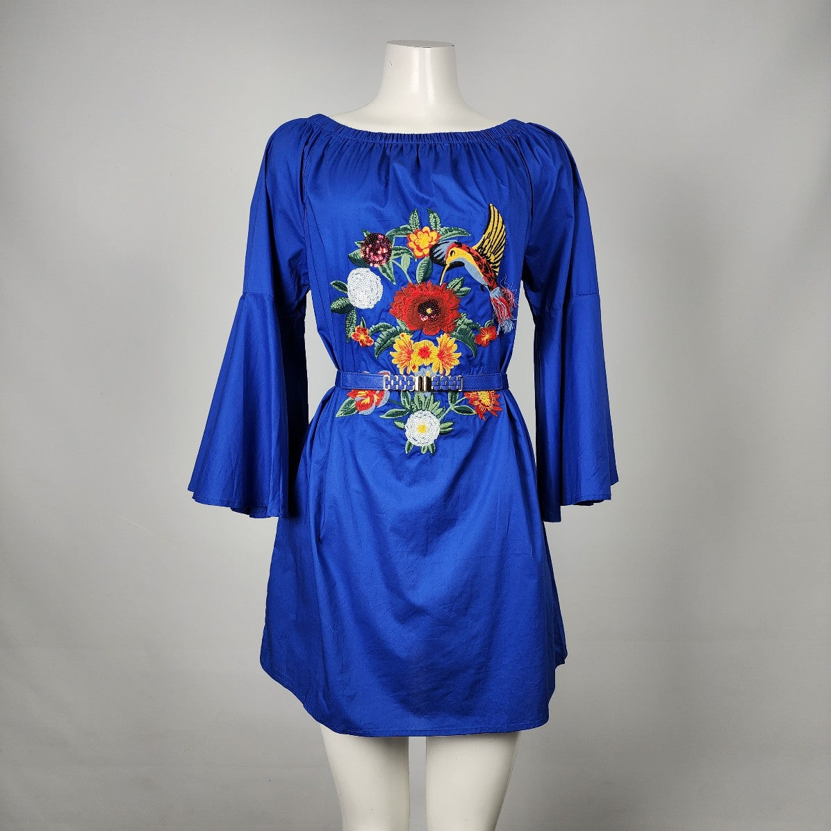 Velzera Blue Cotton Flower & Bird Print Belle Sleeve Belted Dress Size M