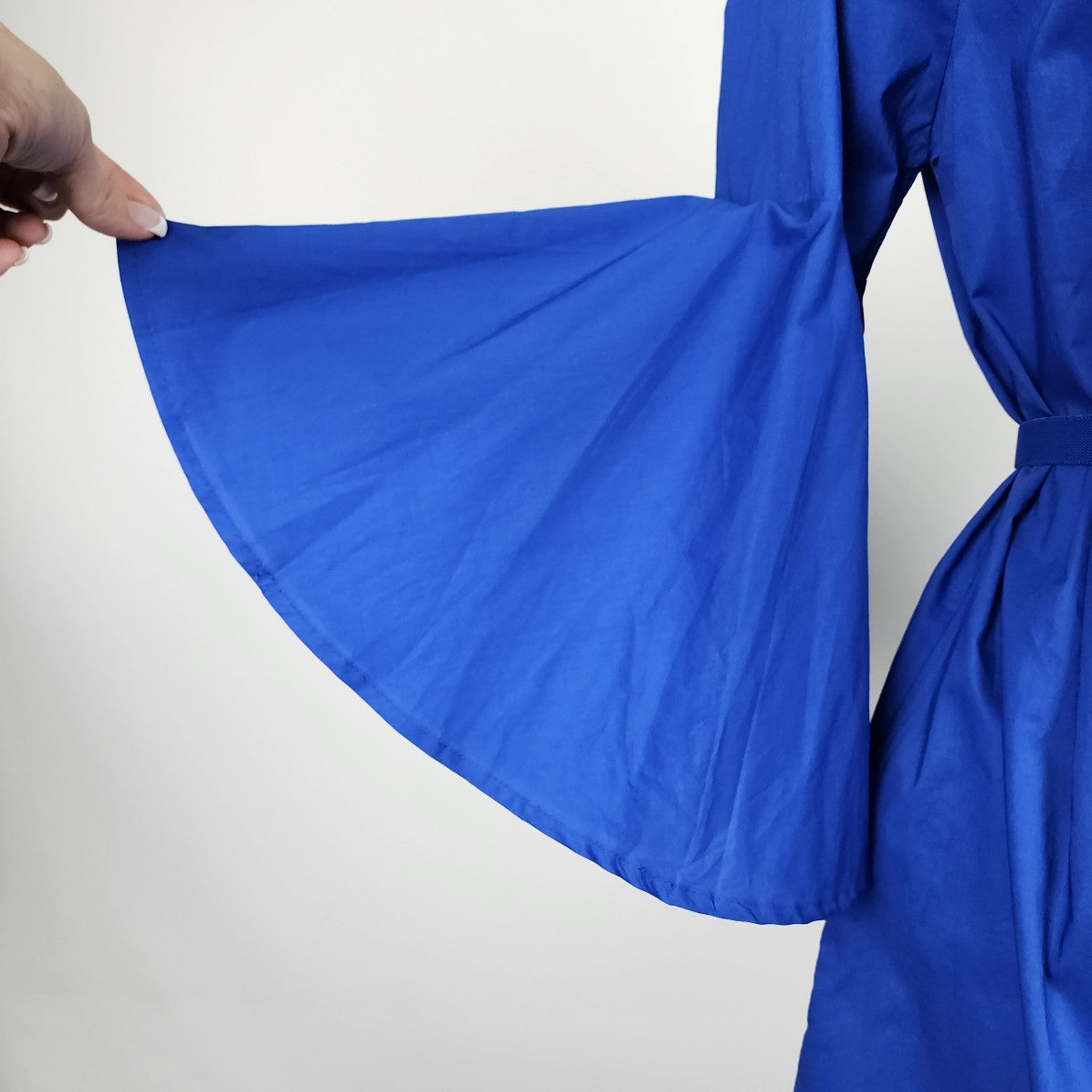 Velzera Blue Cotton Flower & Bird Print Belle Sleeve Belted Dress Size M