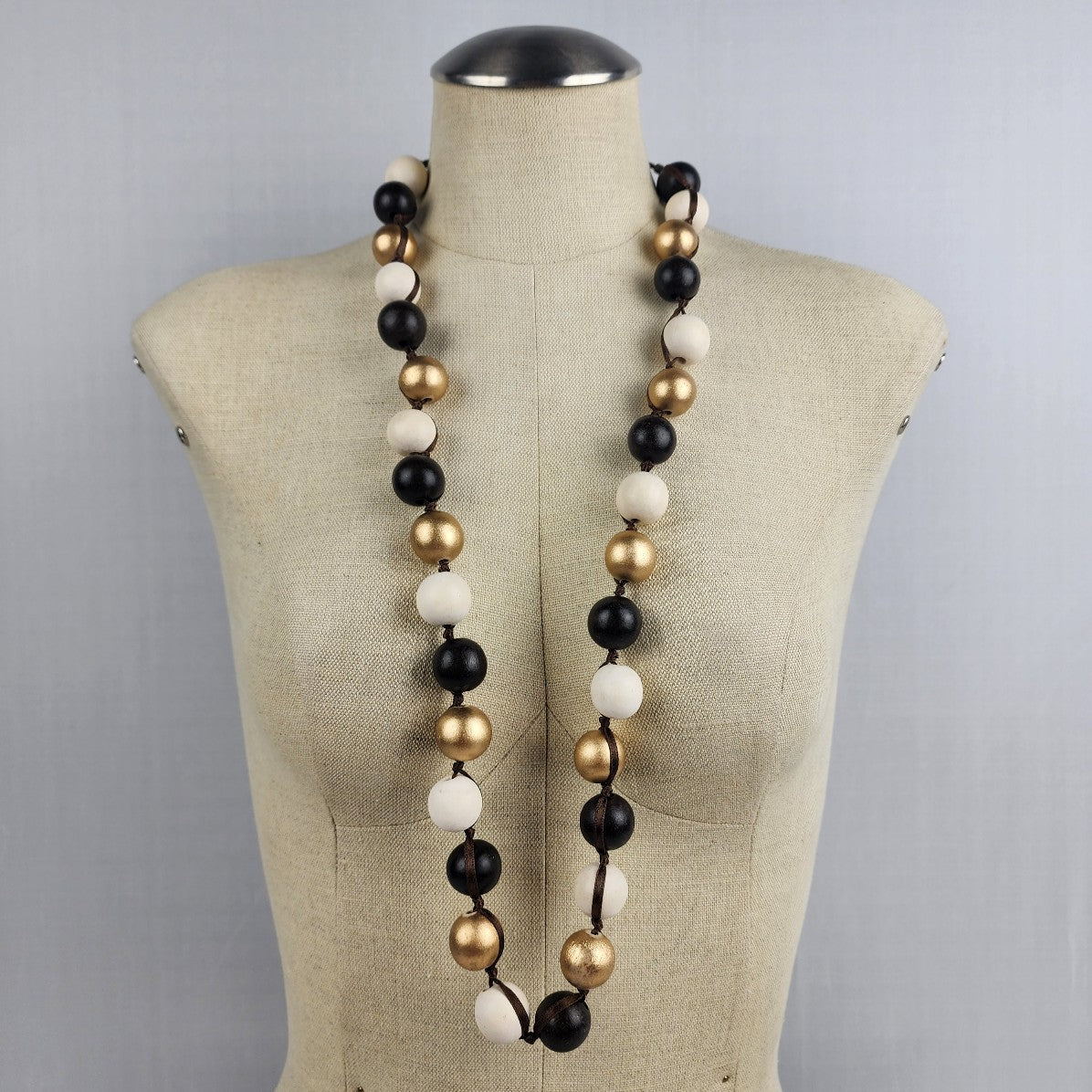 Black White & Gold Beaded Long Oversize Necklace