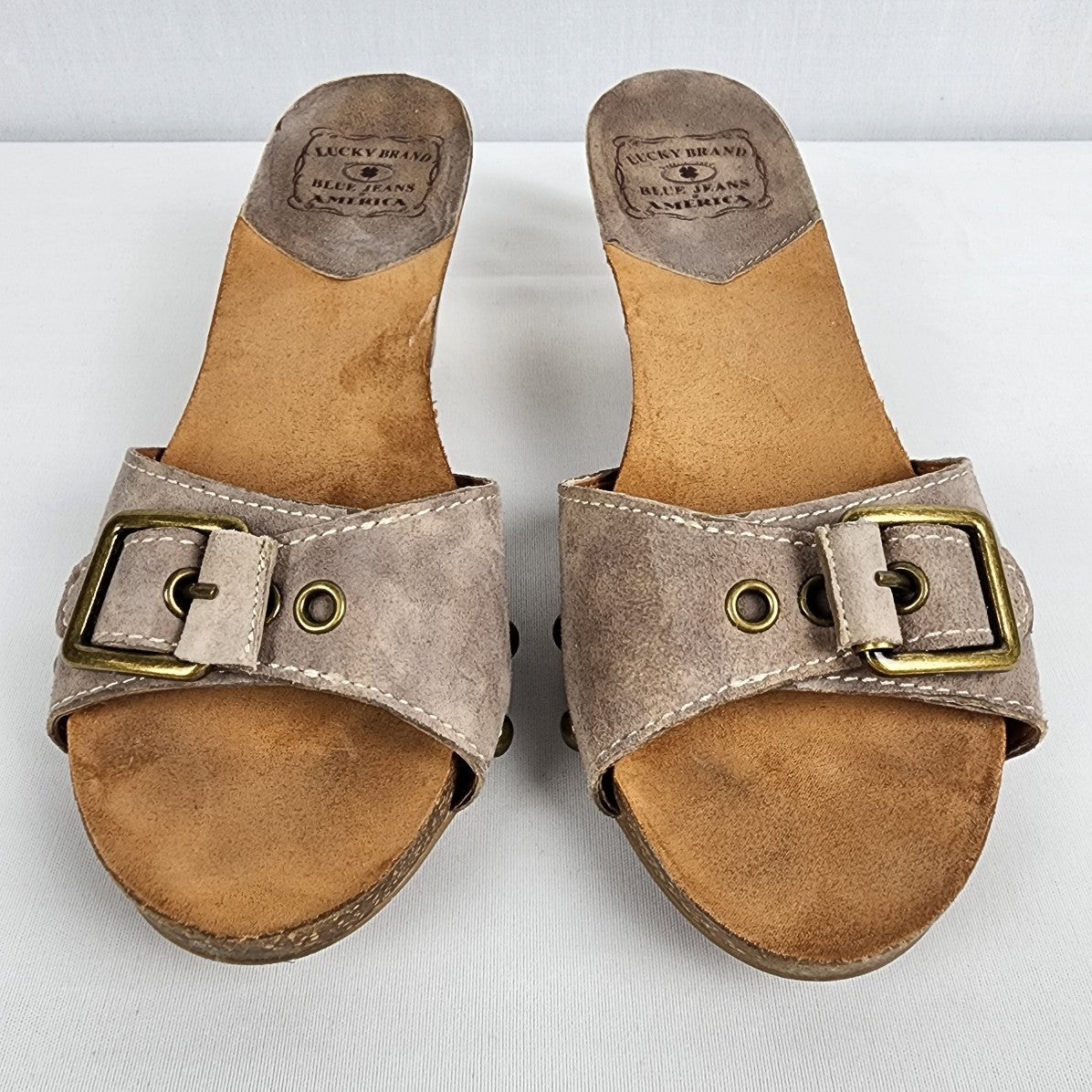 Lucky Brand Brown Suede Wood Heel Mule Sandals Size 7.5