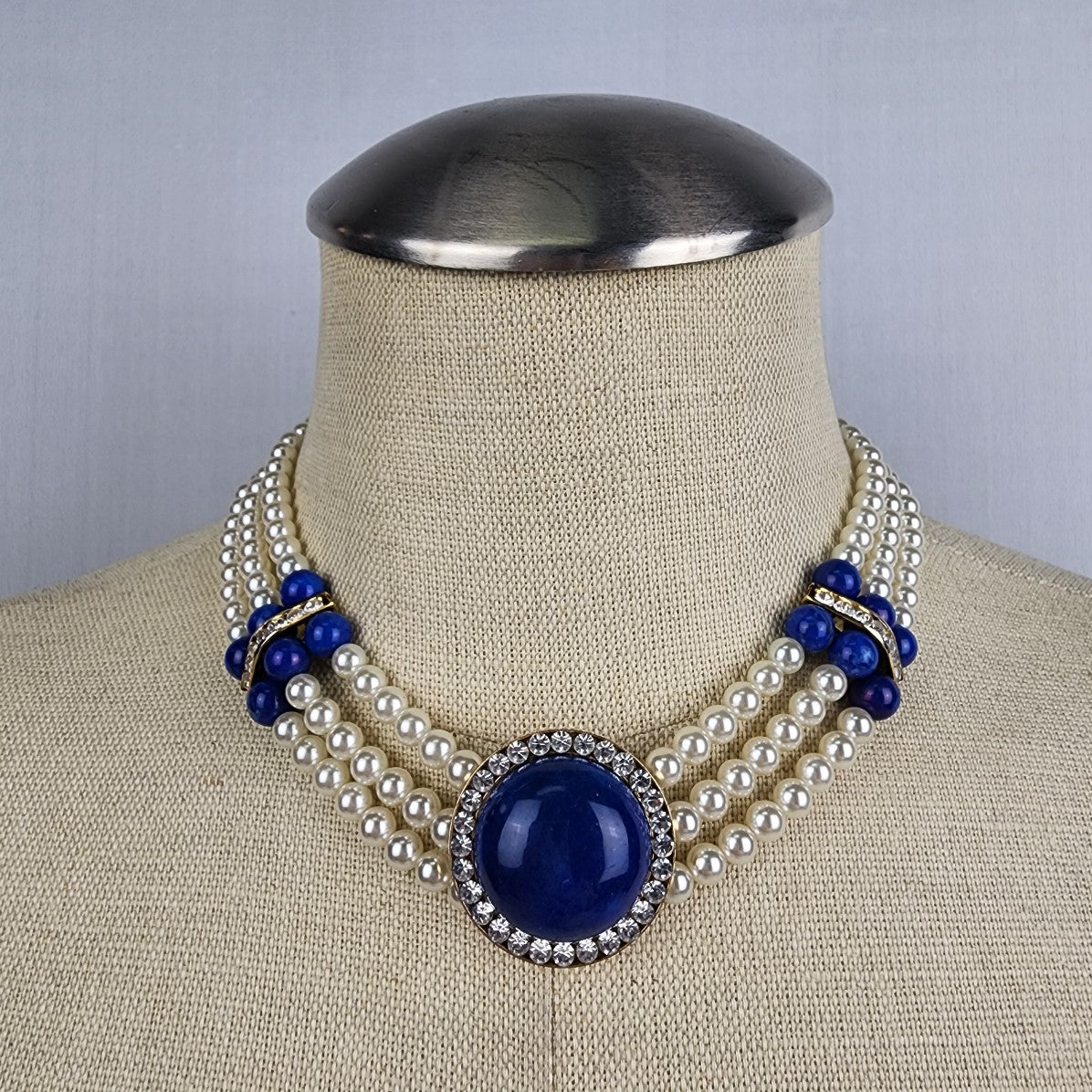 Vintage Blue Natural Stone Faux Pearl Layered Collar Necklace