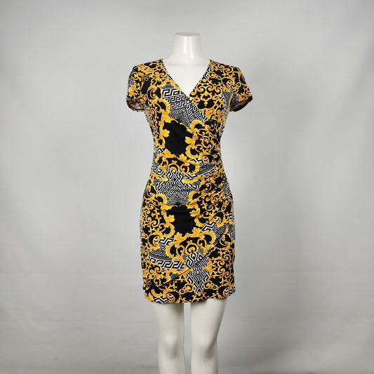 Joseph Ribkoff Gold & Black Geometric Print Faux Wrap Dress Size 8