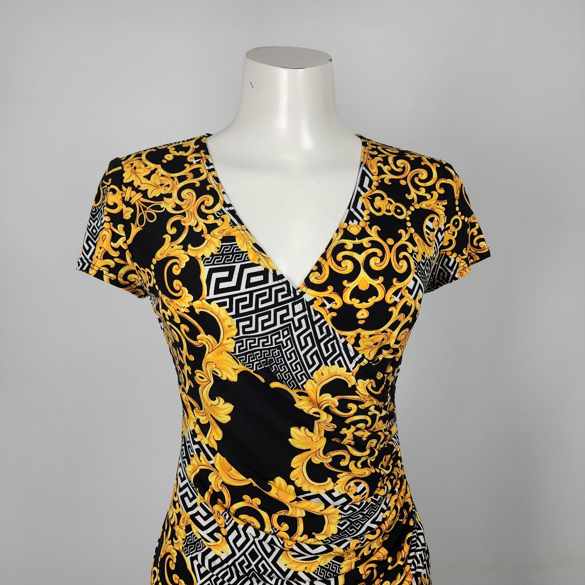 Joseph Ribkoff Gold & Black Geometric Print Faux Wrap Dress Size 8