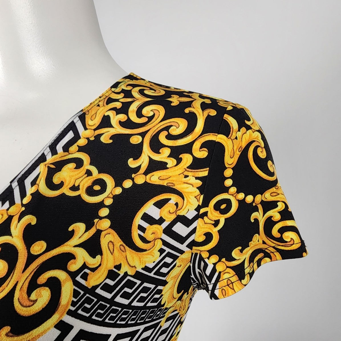 Joseph Ribkoff Gold & Black Geometric Print Faux Wrap Dress Size 8