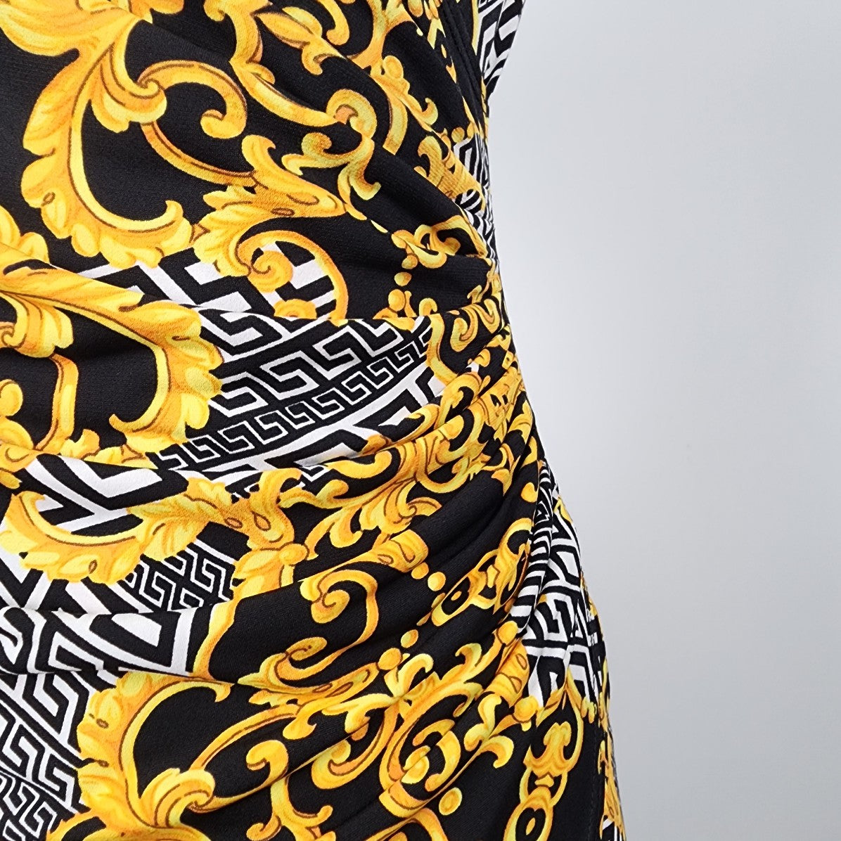 Joseph Ribkoff Gold & Black Geometric Print Faux Wrap Dress Size 8