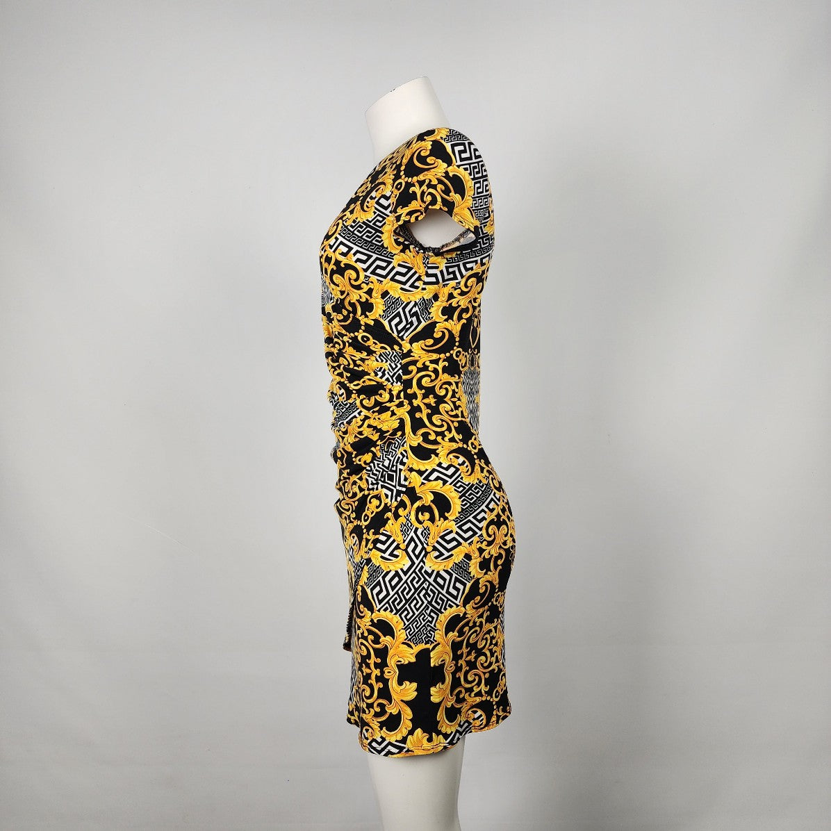 Joseph Ribkoff Gold & Black Geometric Print Faux Wrap Dress Size 8