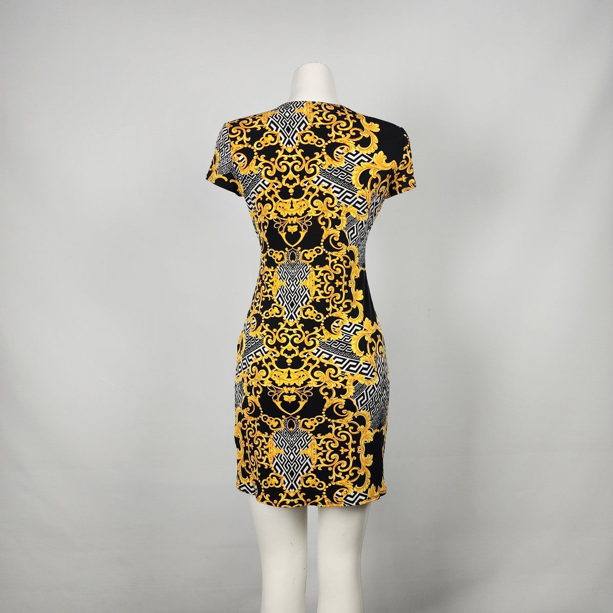 Joseph Ribkoff Gold & Black Geometric Print Faux Wrap Dress Size 8