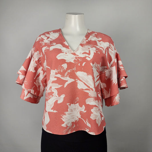 Halogen Coral & White Tropical Print Ruffle Sleeve Top Size XS/S