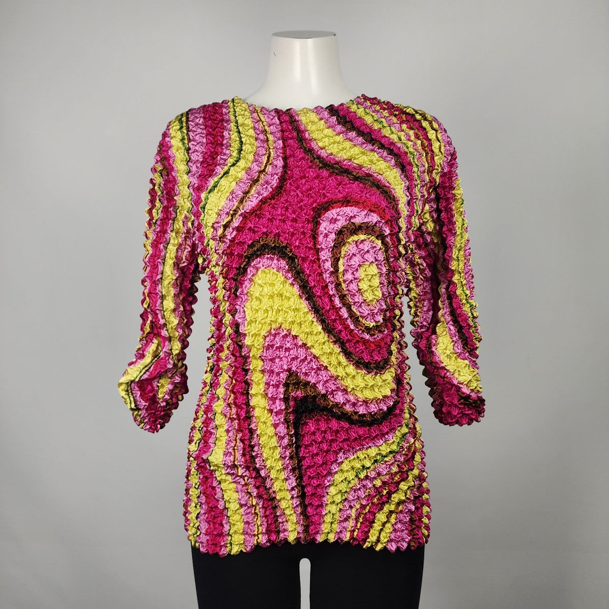 Vintage Andrea Pink & Yellow Swirl Long Sleeve CrinkleTop Size XS/S