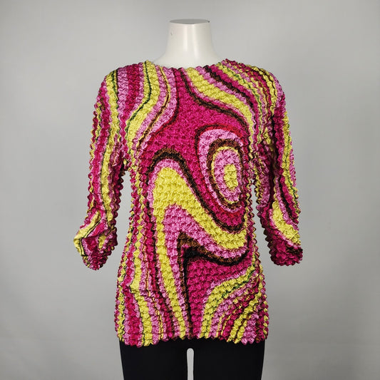 Vintage Andrea Pink & Yellow Swirl Long Sleeve CrinkleTop Size XS/S