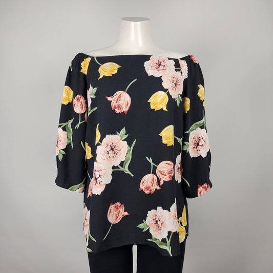 Le Chateau Black Floral Print Drop Shoulder Blouse Top Size L