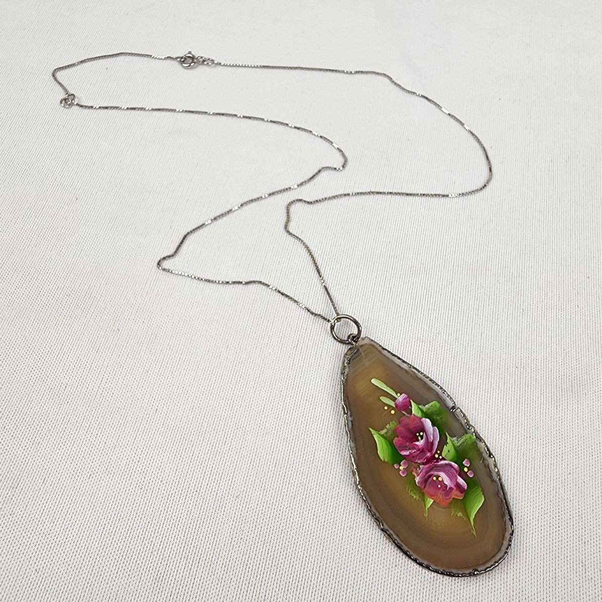 925 Sterling Silver Brown Agate Stone Hand Painted Pink Flower Pendant Necklace