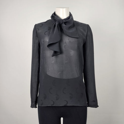 Vintage Black Sheer Neck Tie Back Buttoned Blouse Top Size S