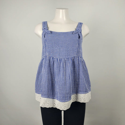 Blue Gingham Empire Waist Lace Bottom Top Size L