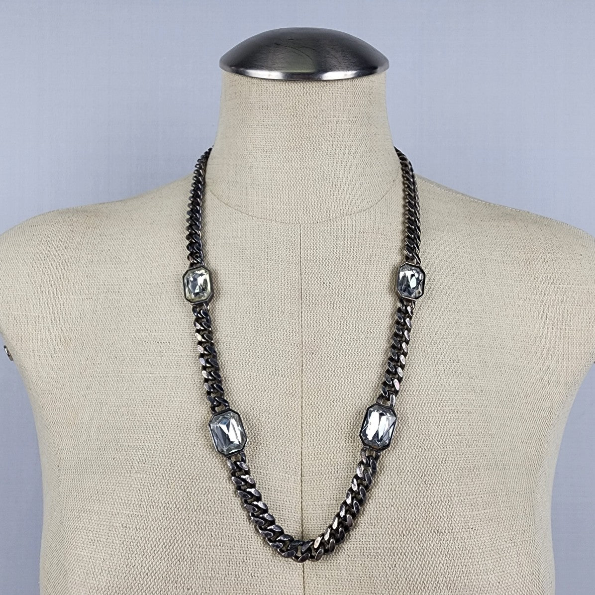 Vintage Silver Chunky Chain Faceted Glass Necklace