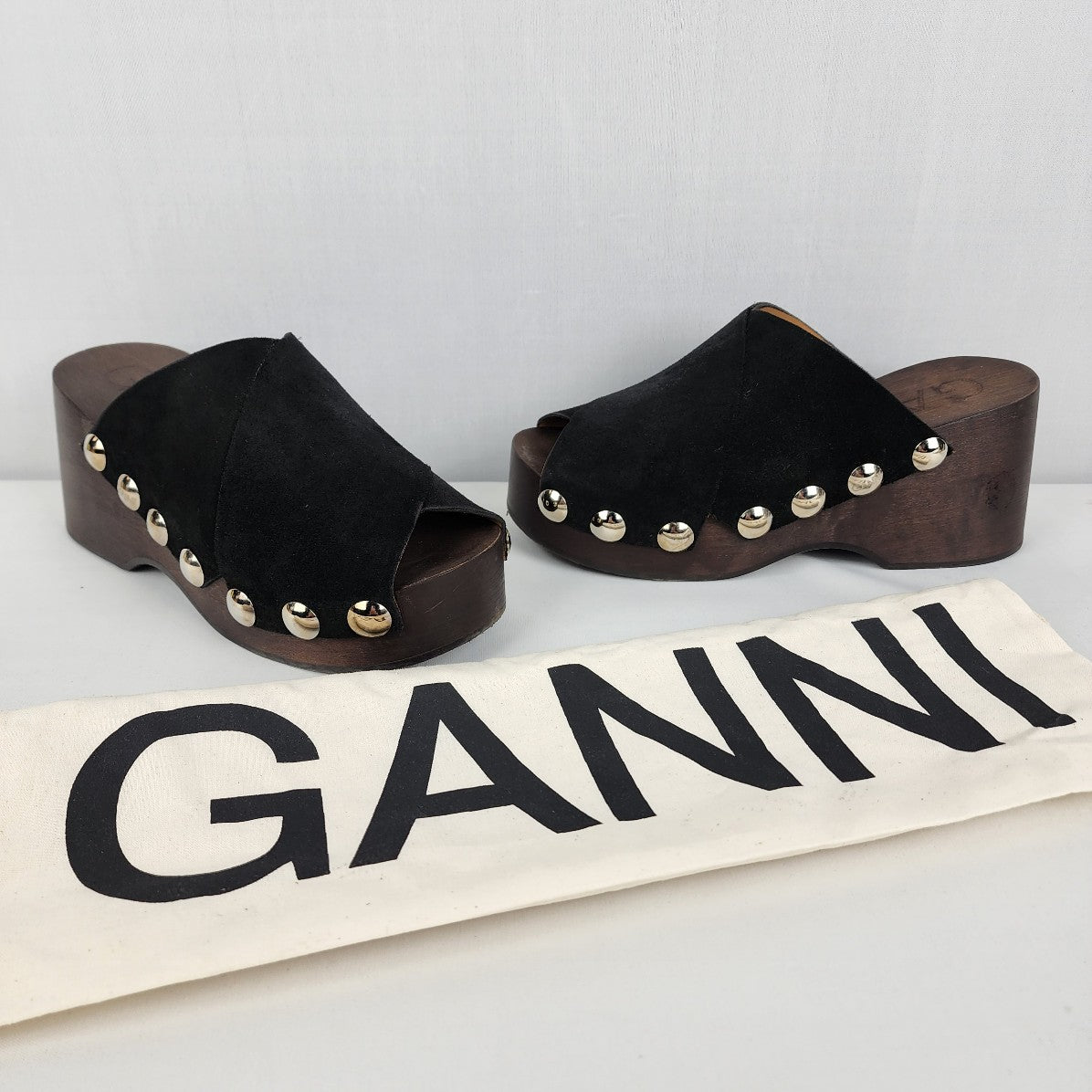 Ganni Black Suede Silver Studded Wood Wedge Platform Mules Size 7