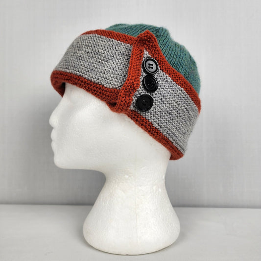 Green & Grey Crochet Button Detail Hat