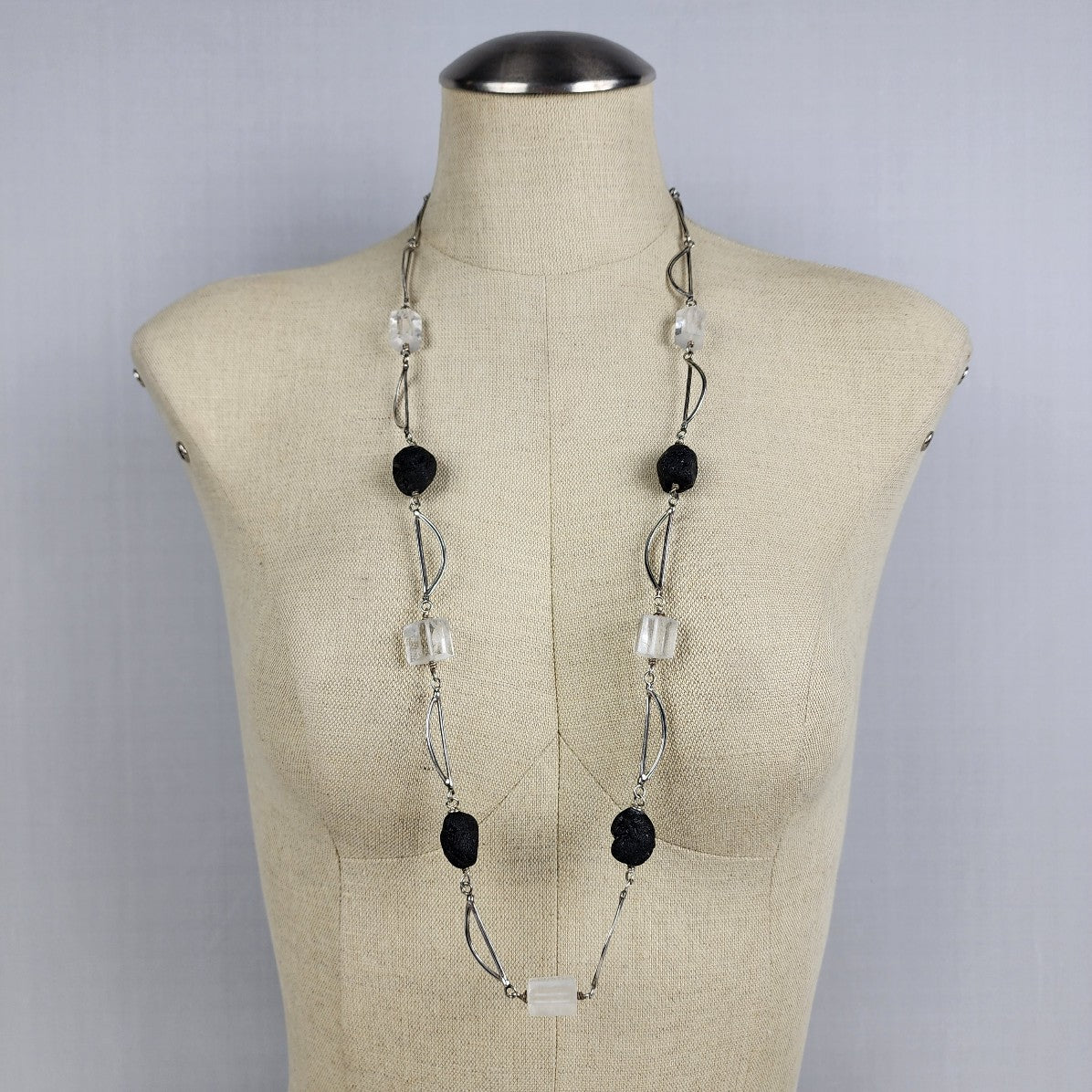 Silver Tone Black Lava Stone & Clear Quartz Chain Link Toggle Long Necklace