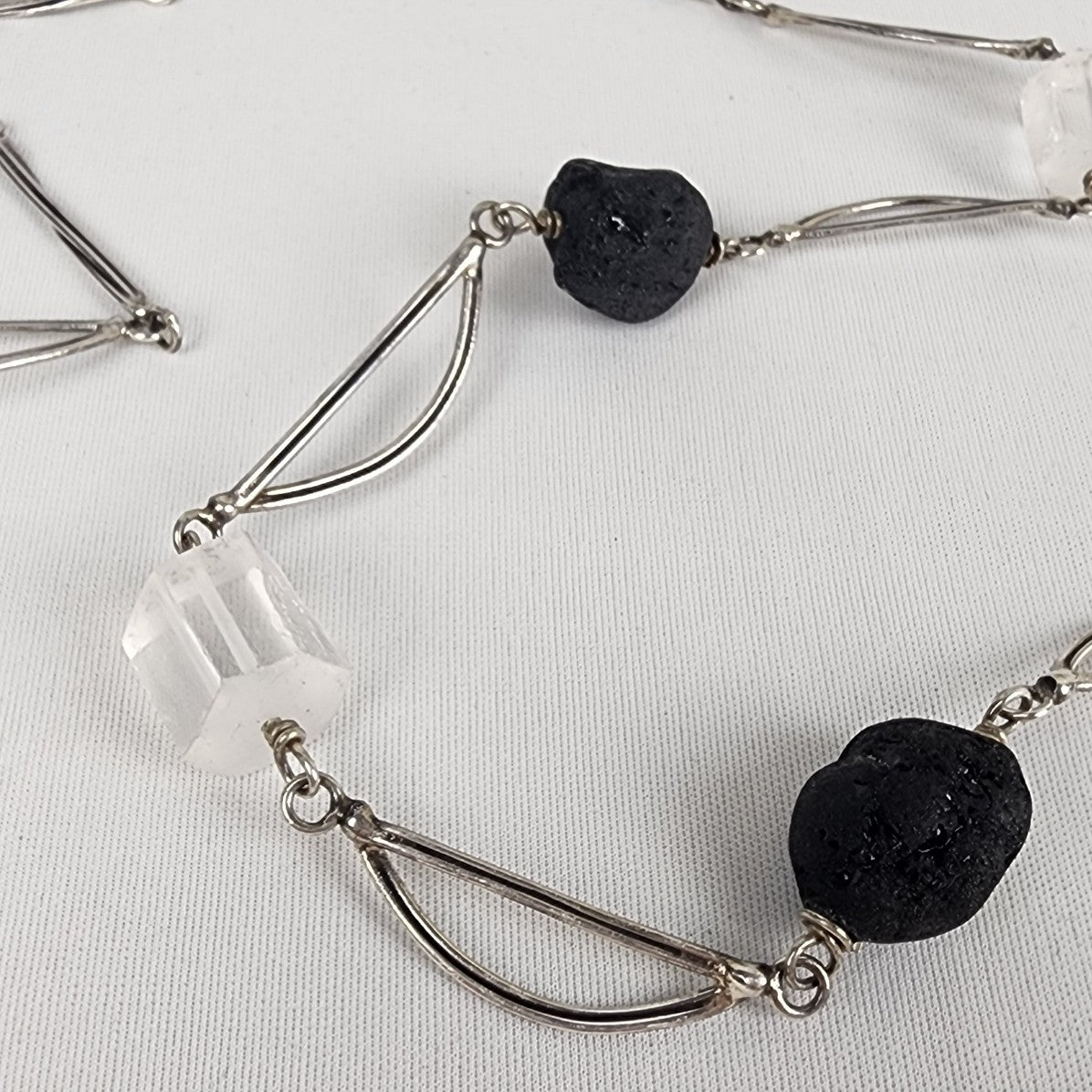 Silver Tone Black Lava Stone & Clear Quartz Chain Link Toggle Long Necklace