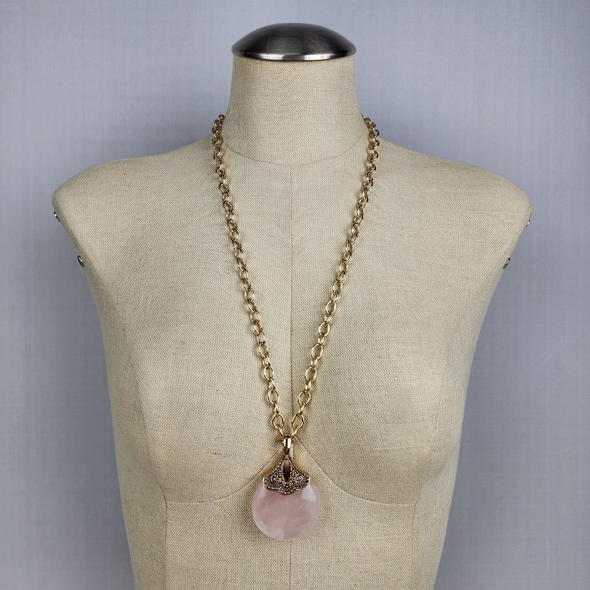 Barse Gold Chain Rose Quartz Pendant Statement Necklace