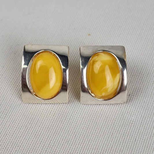 Yellow Amber Bezel Set Sterling Silver Stud Earrings