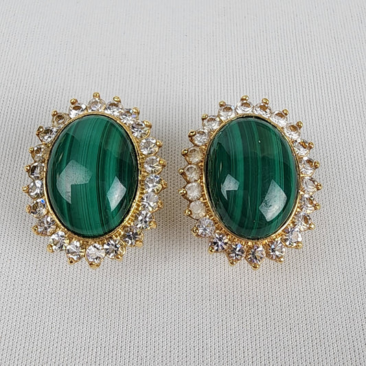 Gold Stud Rhinestones Oval Green Stone Earrings