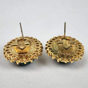 Gold Stud Rhinestones Oval Green Stone Earrings