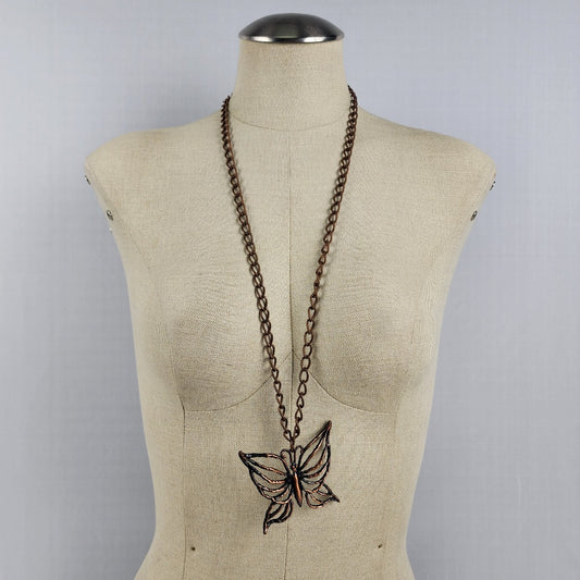 Vintage Copper Butterfly Pendant Chain Statement Necklace