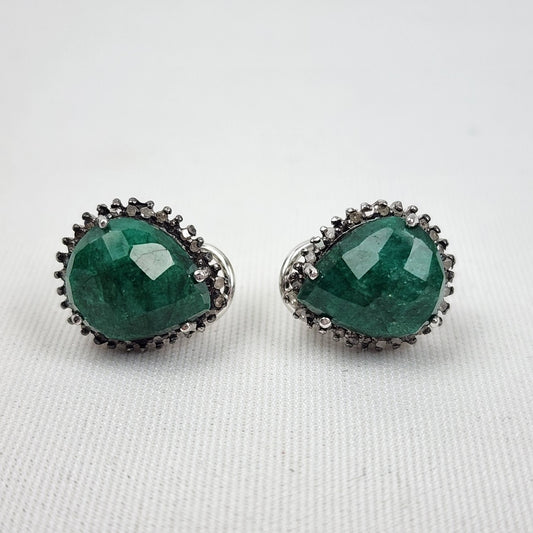 Sterling Silver Green Natural Faceted Stone Stud Earrings