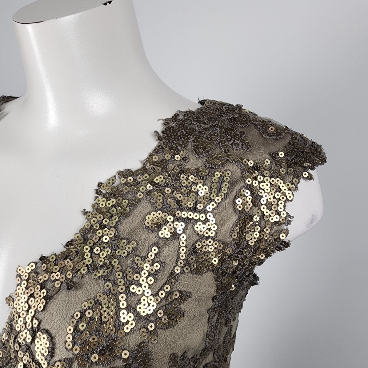 Tadashi Shoji Gold Sequined Lace Overlay Gown Dress Size 8
