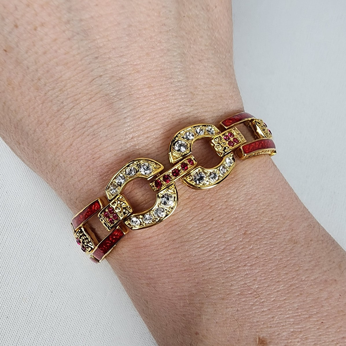 Camrose & Kross Gold Tone Red Enamel Clear Stones Link Bracelet