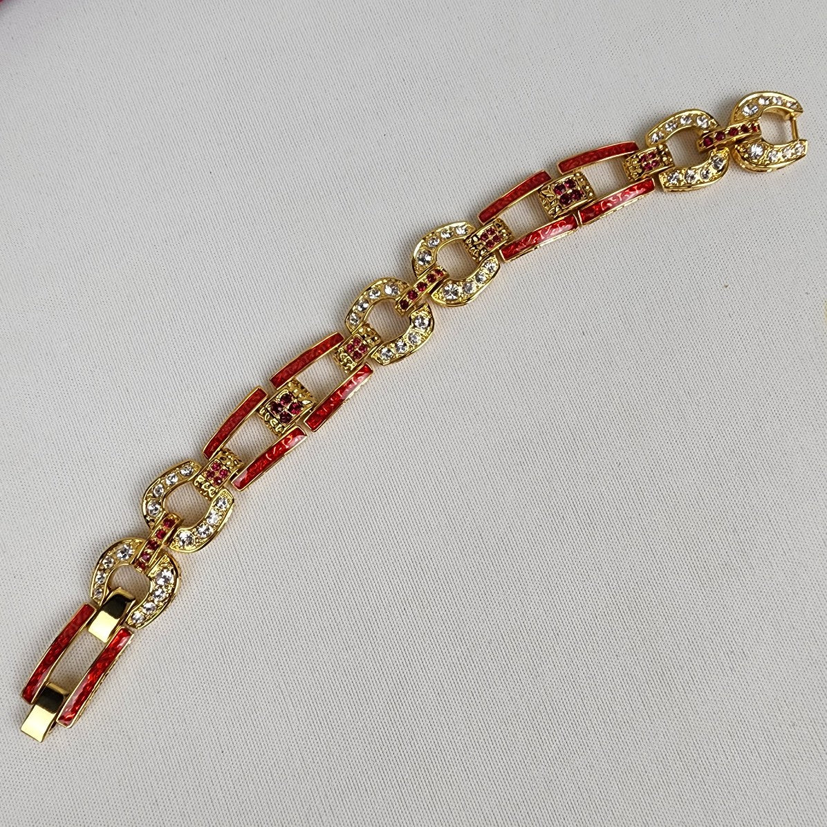 Camrose & Kross Gold Tone Red Enamel Clear Stones Link Bracelet