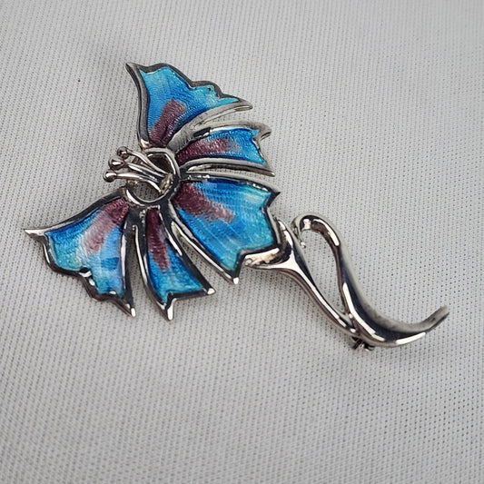 Vintage Silver Tone Blue Flower Brooch