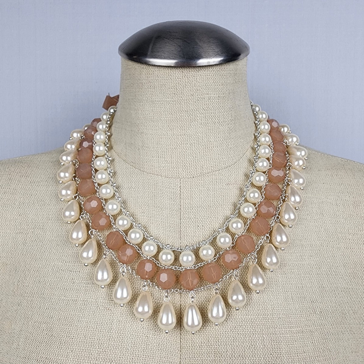 Silver Tone White & Brown Beaded Teardrop Faux Pearl Statement Necklace