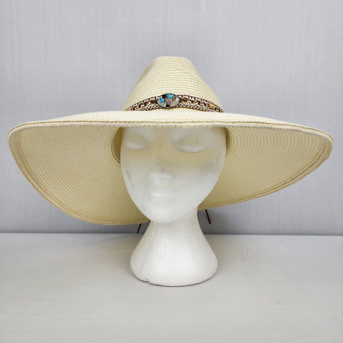 White Beaded Detail Wide Brim Sun Hat
