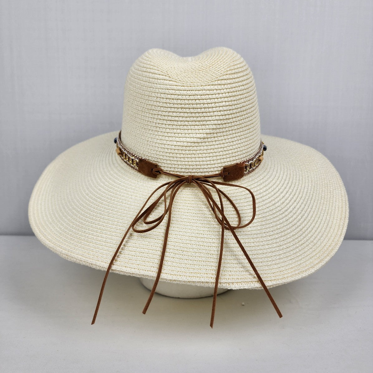 White Beaded Detail Wide Brim Sun Hat