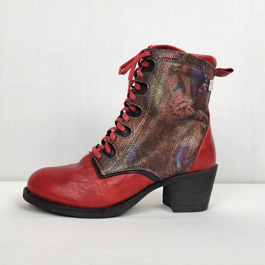 Portofino Red Leather Floral Detail Lace Up Boots Size 7.5