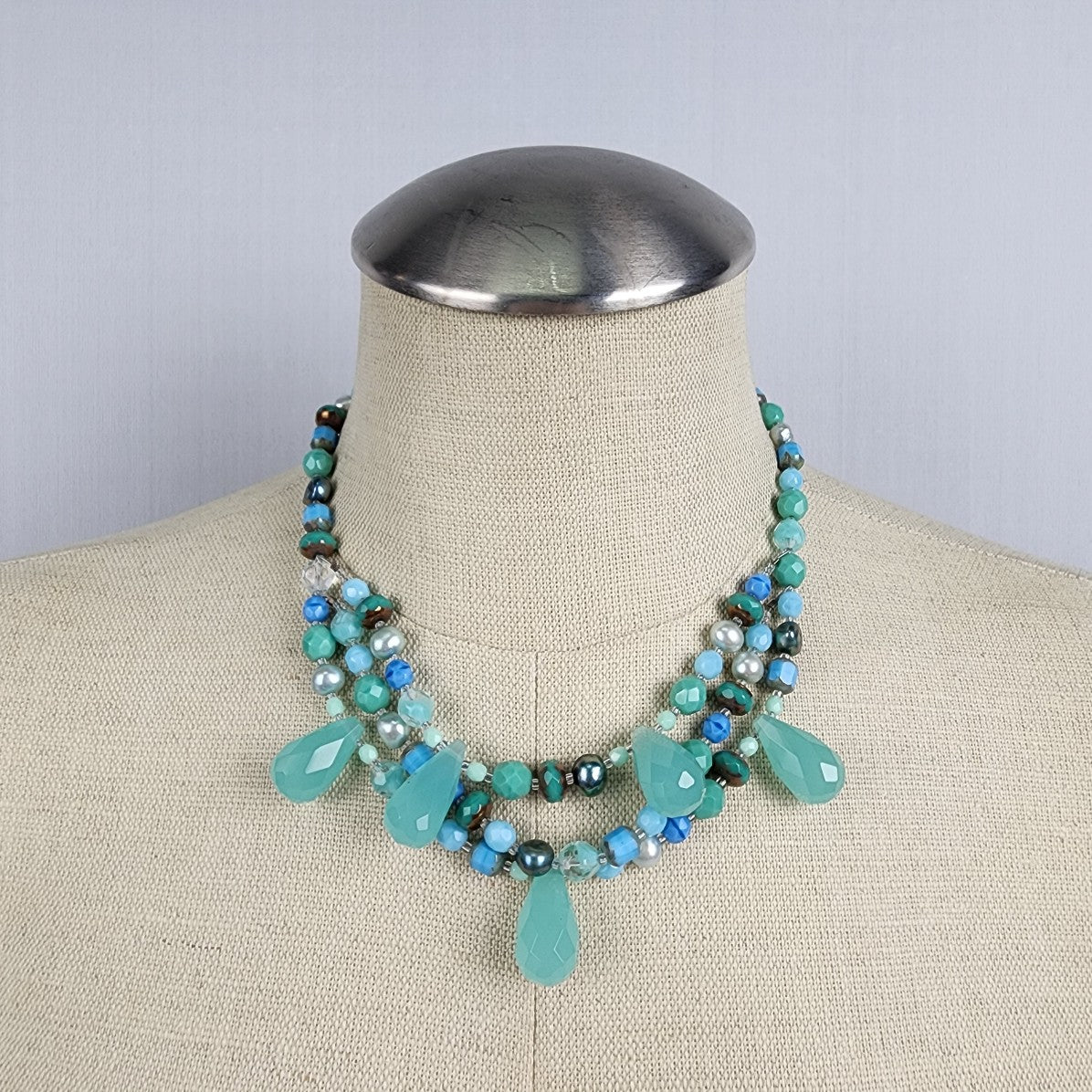 Natural Stone Faceted Glass Teal Beaded Teardrop Necklace
