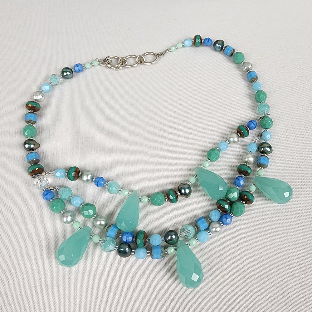 Natural Stone Faceted Glass Teal Beaded Teardrop Necklace
